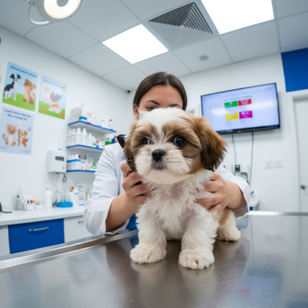 Shih Tzu puppy receiving first vet checkup at local veterinary clinic