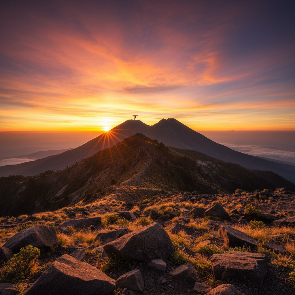 Dramatic mountain landscape with backpacker silhouette at golden hour, deep orange sky, dark foreground
