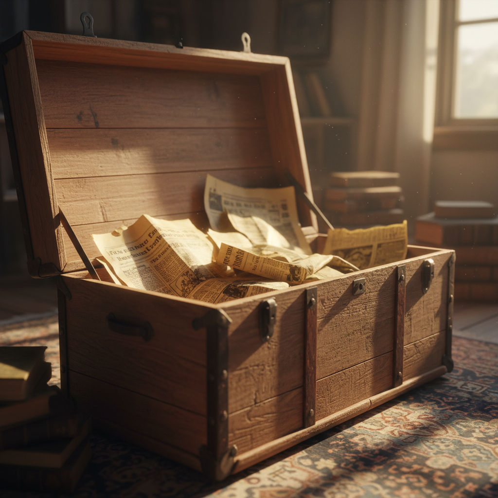 Open cedar-lined antique trunk with vintage newspaper wrapping visible inside, warm afternoon light