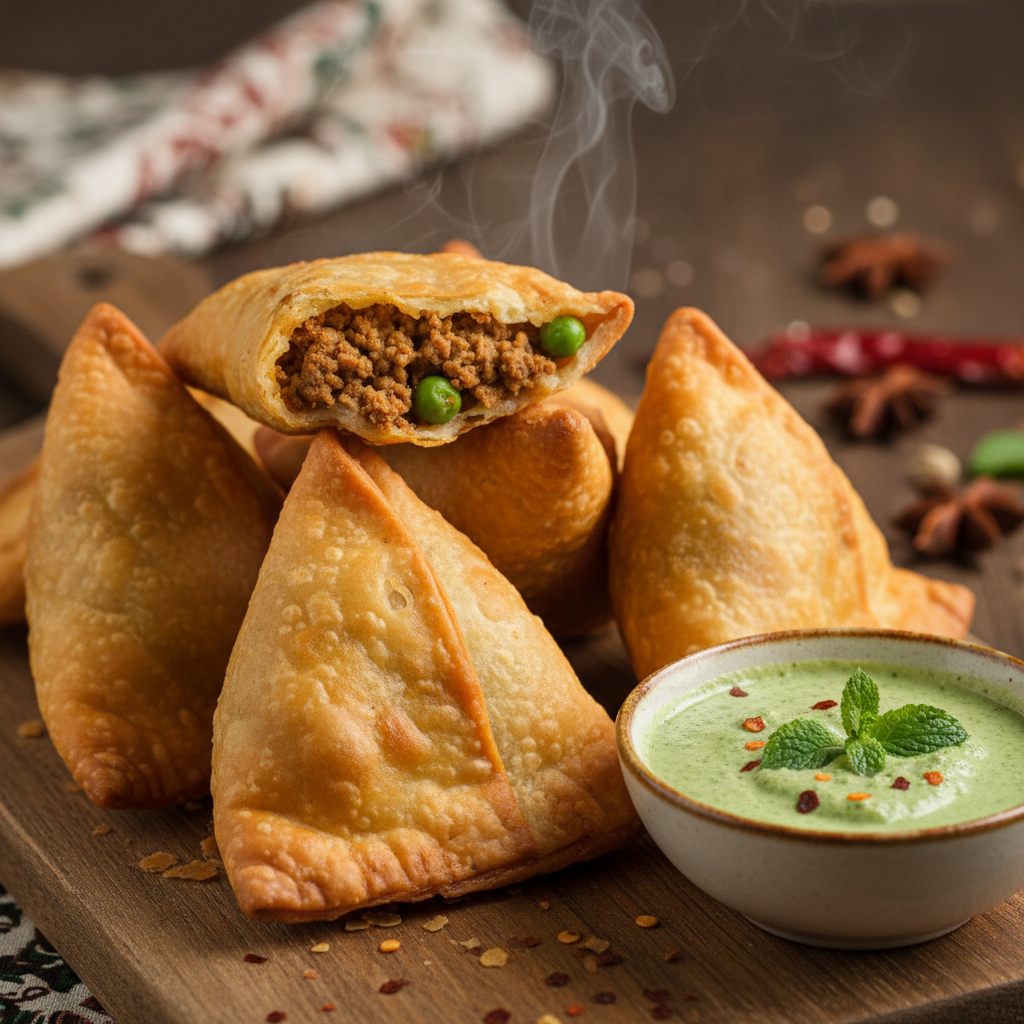 Crispy Samosa Trio — Three golden pastry pockets filled with spiced lam