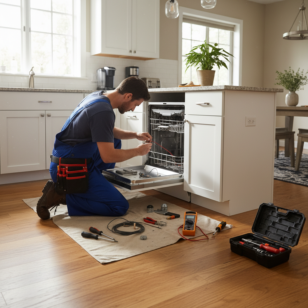 Kỹ thuật viên thiết bị đang kiểm tra máy rửa bát