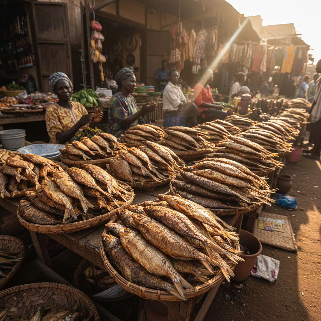 Dried salted tilapia fish arranged on a rustic surface, golden brown skin, smoky texture