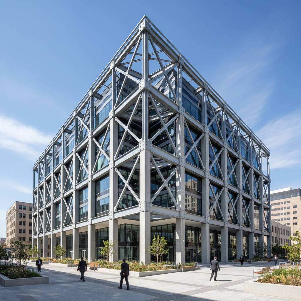 Modern commercial office building exterior, glass curtain wall facade, steel structure, clear blue sky