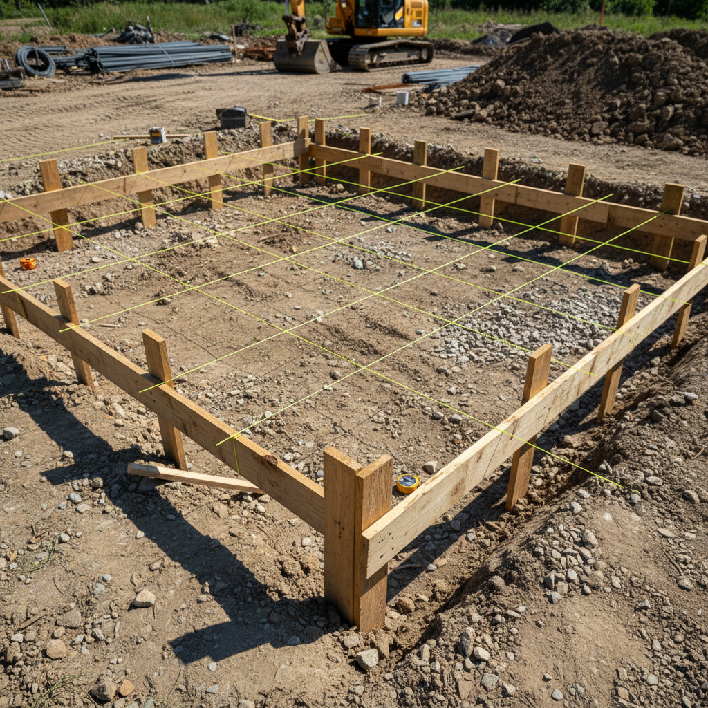 Construction site with survey stakes and string lines marking foundation layout, Georgia red clay soil, afternoon sun