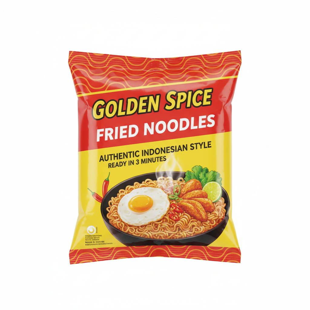 Packaged instant noodles in colorful packaging on white background