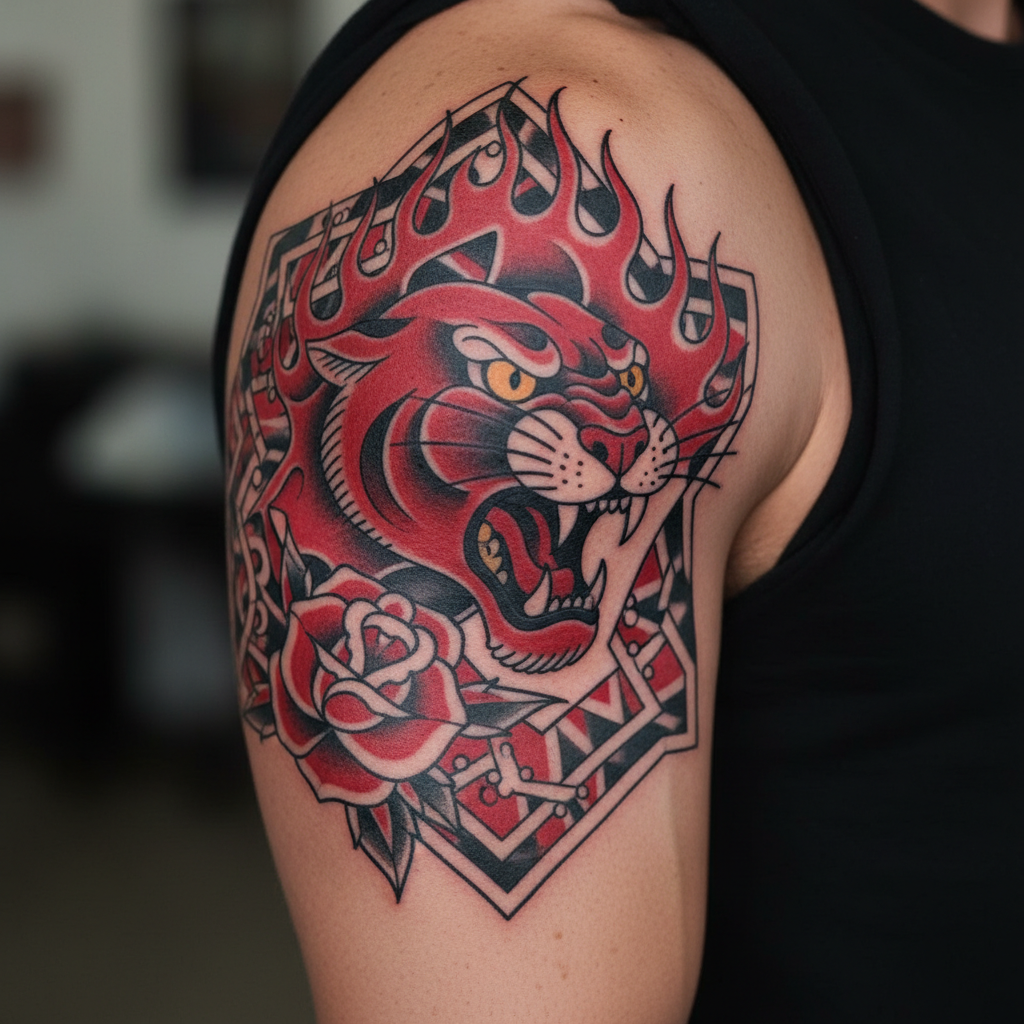 Traditional bold tattoo with saturated red and black ink on upper arm showing clean healed lines