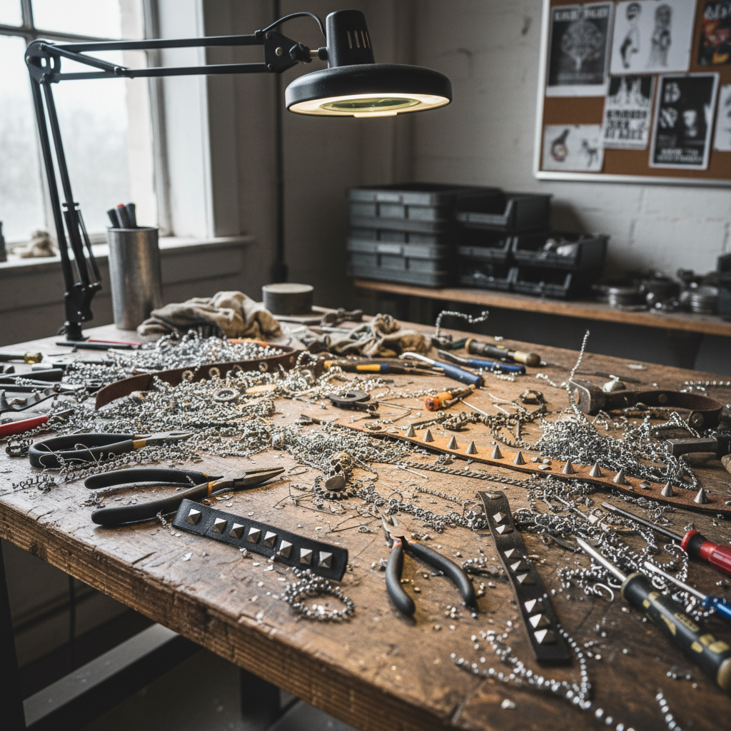 Workbench covered in silver shavings, tools, and punk jewelry components