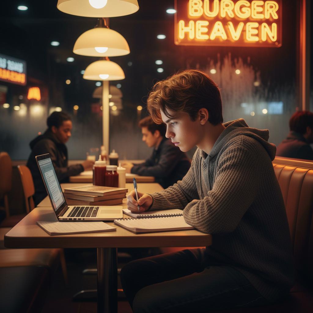 A teenager sits alone in a fast-food restaurant late at night, laptop open, working on homework — the warm restaurant light reflects on his face