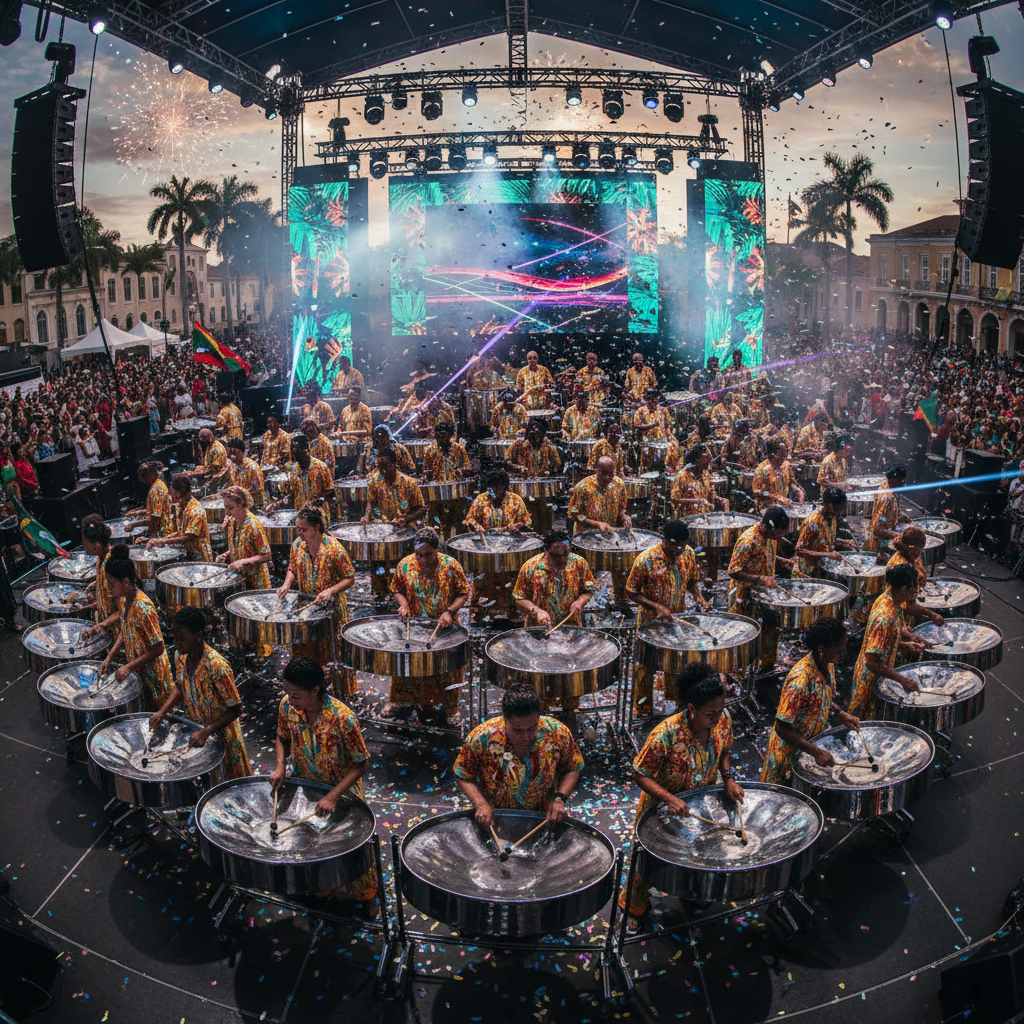 Caribbean musician playing steelpan drums at outdoor music festival with colorful stage lighting