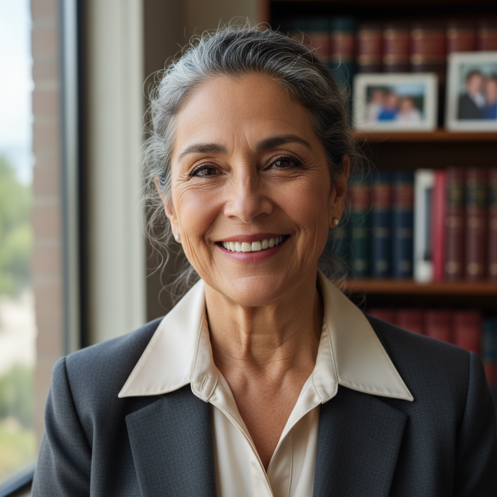 Latina woman with warm smile, bright airy background, natural daylight