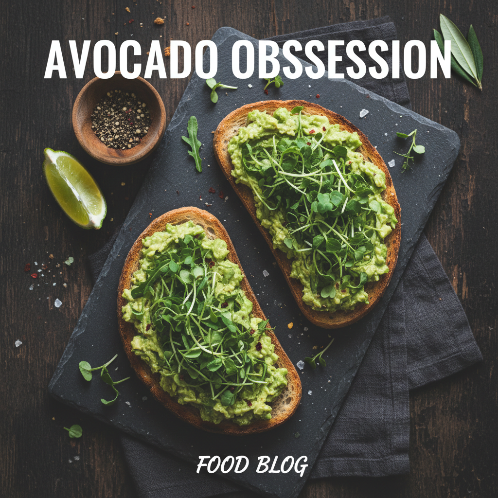 Moody flat-lay of avocado toast with microgreens on dark slate — food blog cover template