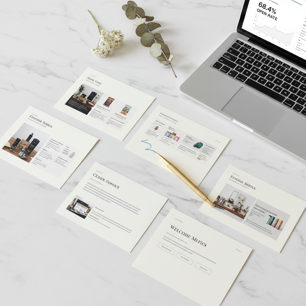Overhead editorial flat lay of printed email mockups on thick cardstock, a dried floral sprig, a gold pen mid-stroke, and a laptop showing a 68.4% open-rate dashboard on marble