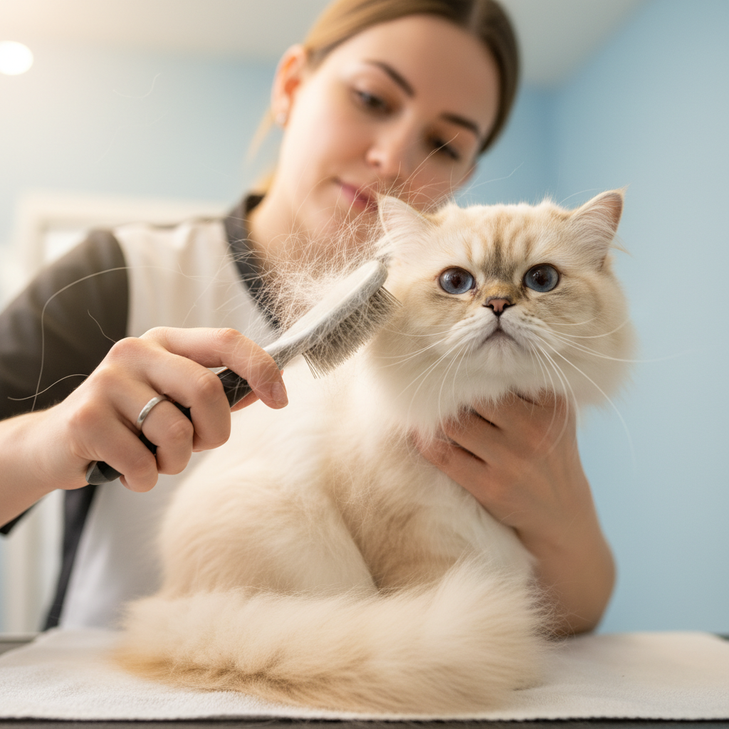 Groomer Maya gently brushing a fluffy Persian cat in the studio