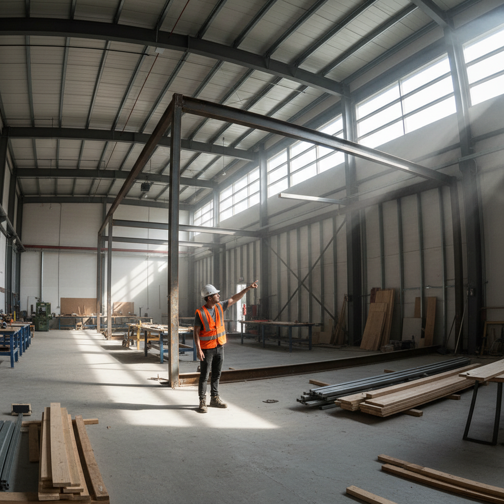 Steel framing exposed inside a maker space under construction, concrete floors raw, a single figure in a hard hat pointing toward clerestory windows