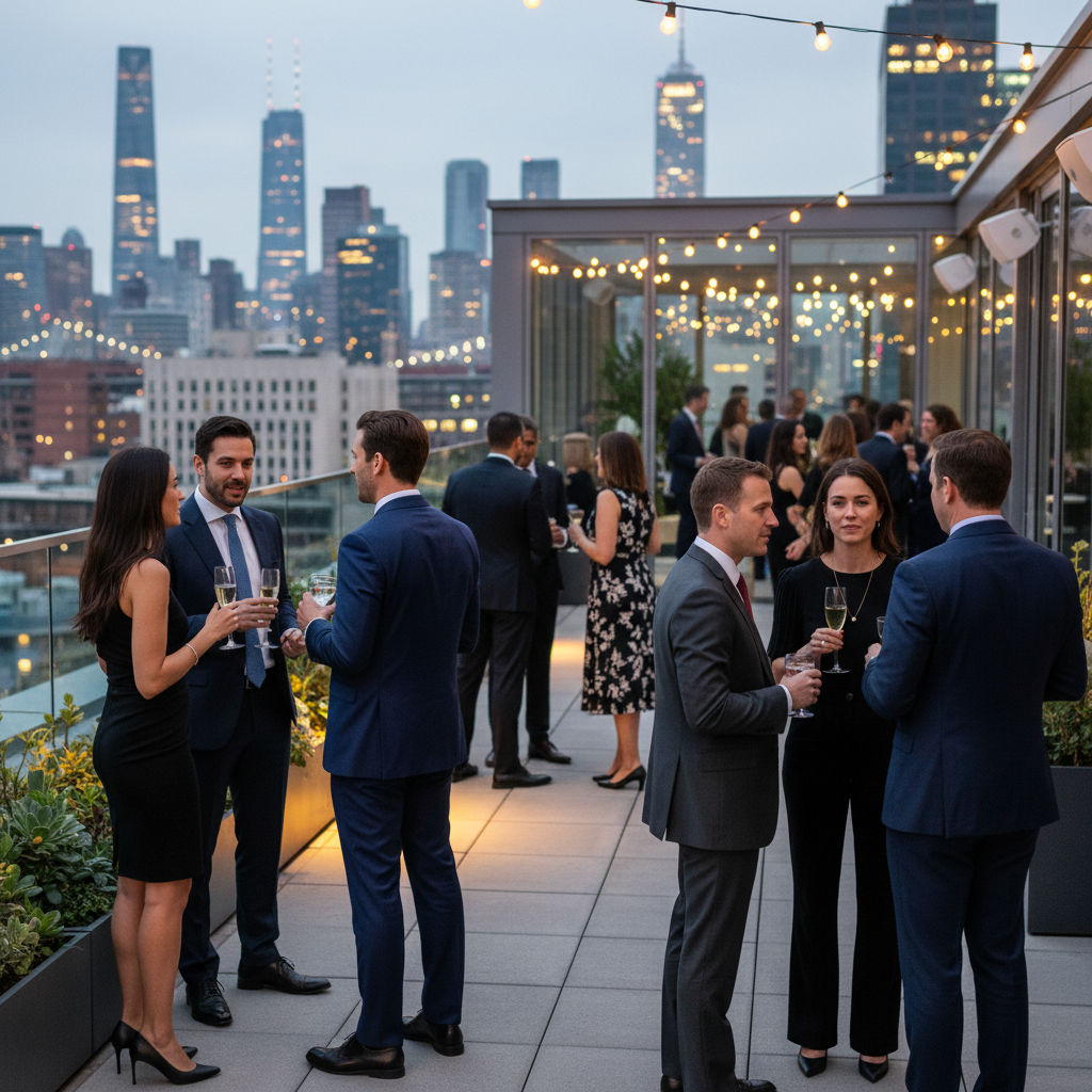 Rooftop party scene with beautiful people laughing and clinking glasses under city lights, one figure standing apart at the railing looking peacefully at the skyline