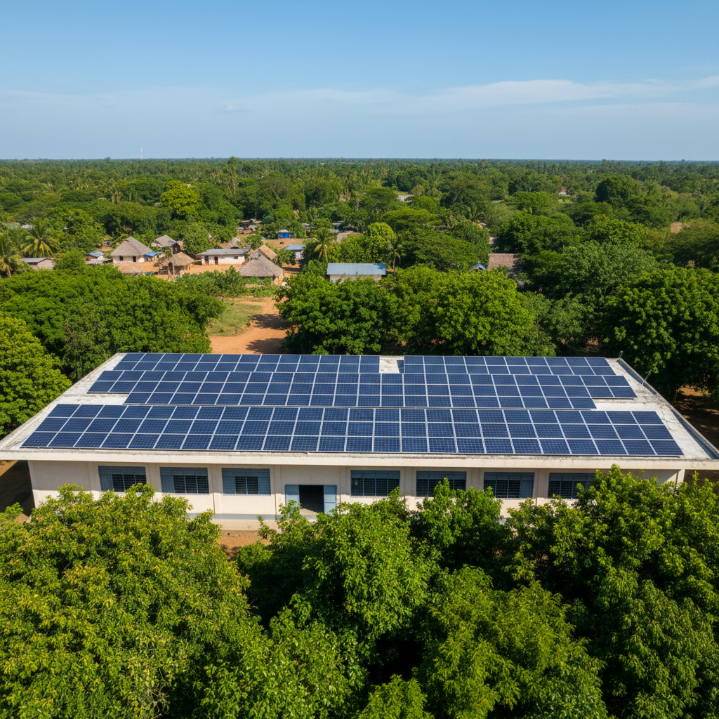 Solar panels installed on a school building rooftop in India, renewable energy for rural education