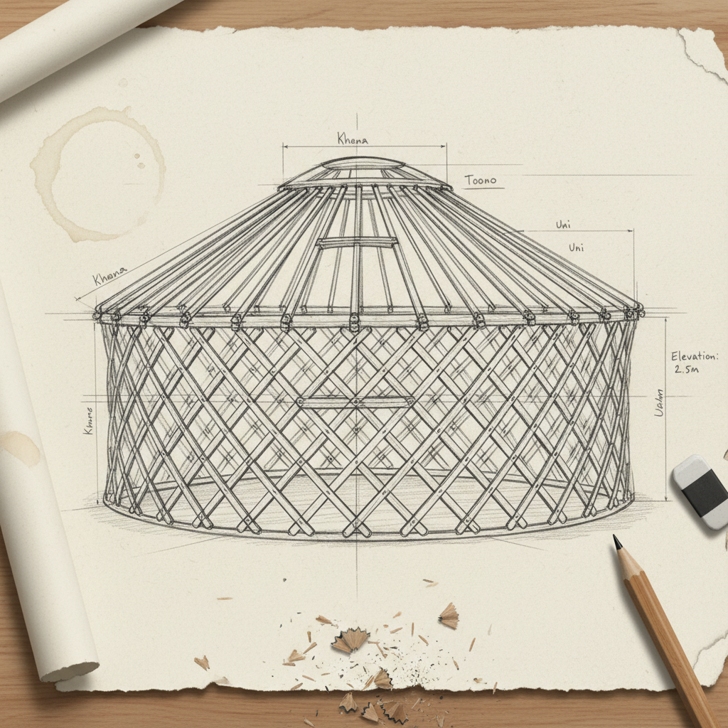 Architectural pencil sketch of a yurt lattice frame structure on paper
