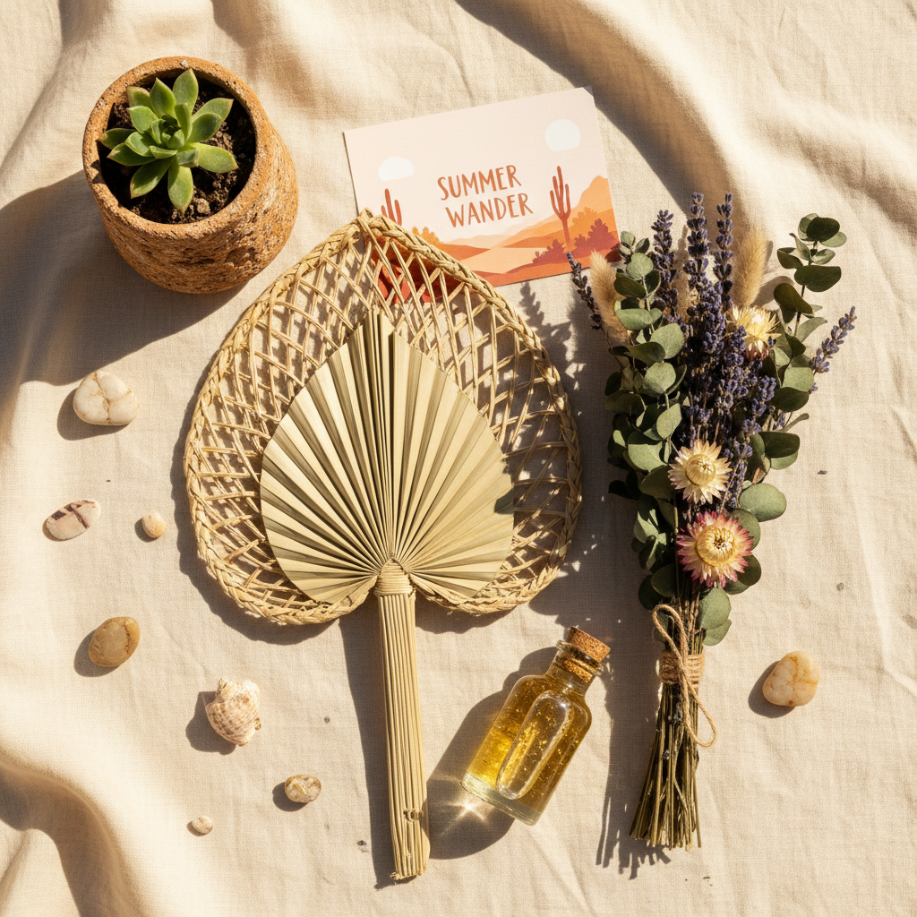 Overhead flat lay of summer Wander box contents: woven fan, herb bundle, shimmer oil, and terracotta planter arranged on warm linen with dried flowers