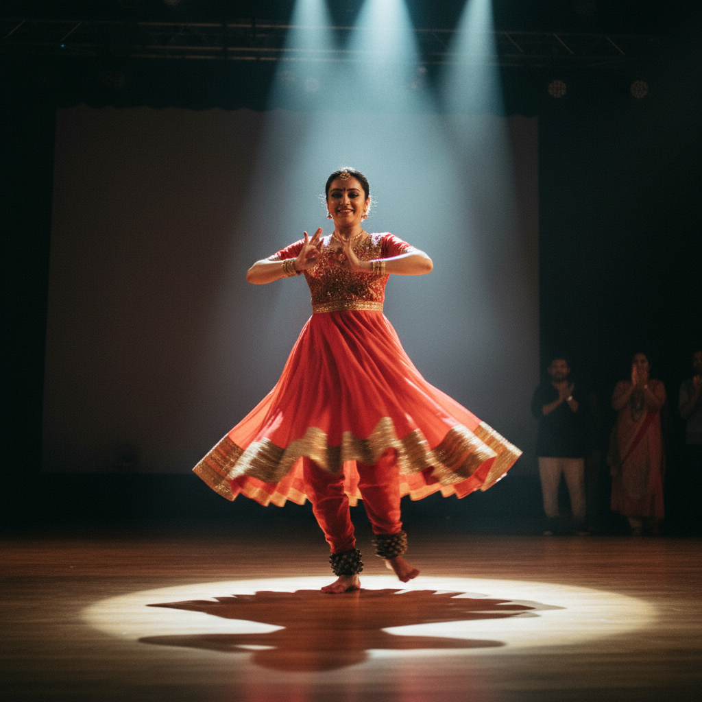 Classical Indian dancer in vibrant red and gold costume performing Kathak with spinning movement, dramatic stage lighting