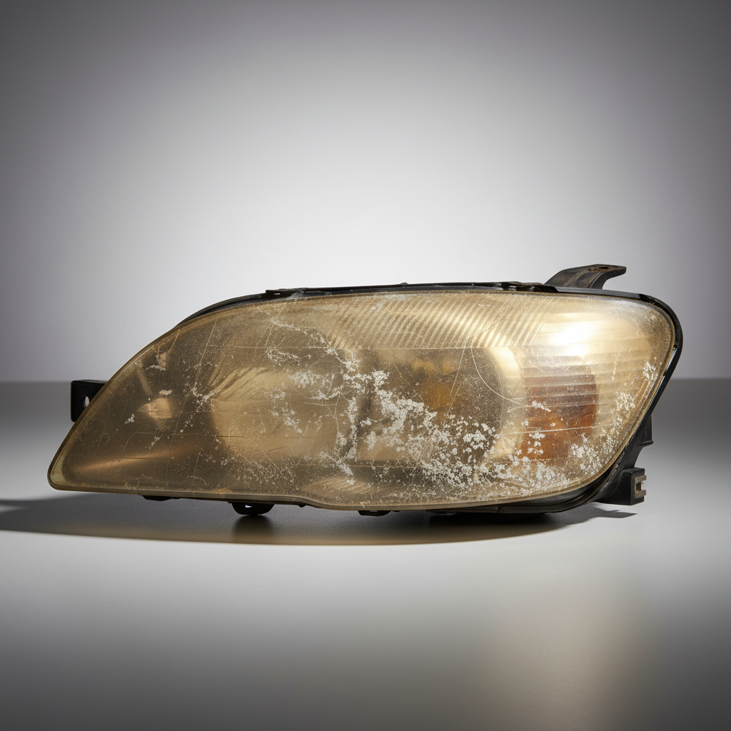 Yellowed cloudy car headlight before restoration, oxidized and foggy lens in dim setting