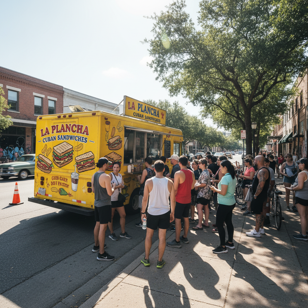 Plancha food truck on East 6th Street in Austin with a line of CrossFit regulars and neighborhood locals