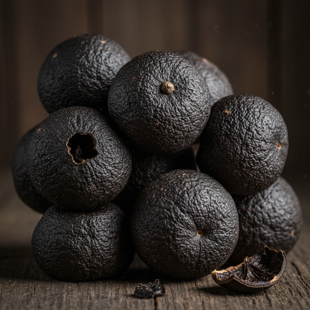 Dark dried limes known as loomi arranged in a cluster showing their wrinkled black skin