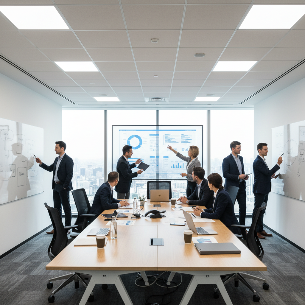 Corporate financial professionals collaborating in a modern glass-walled conference room with city views