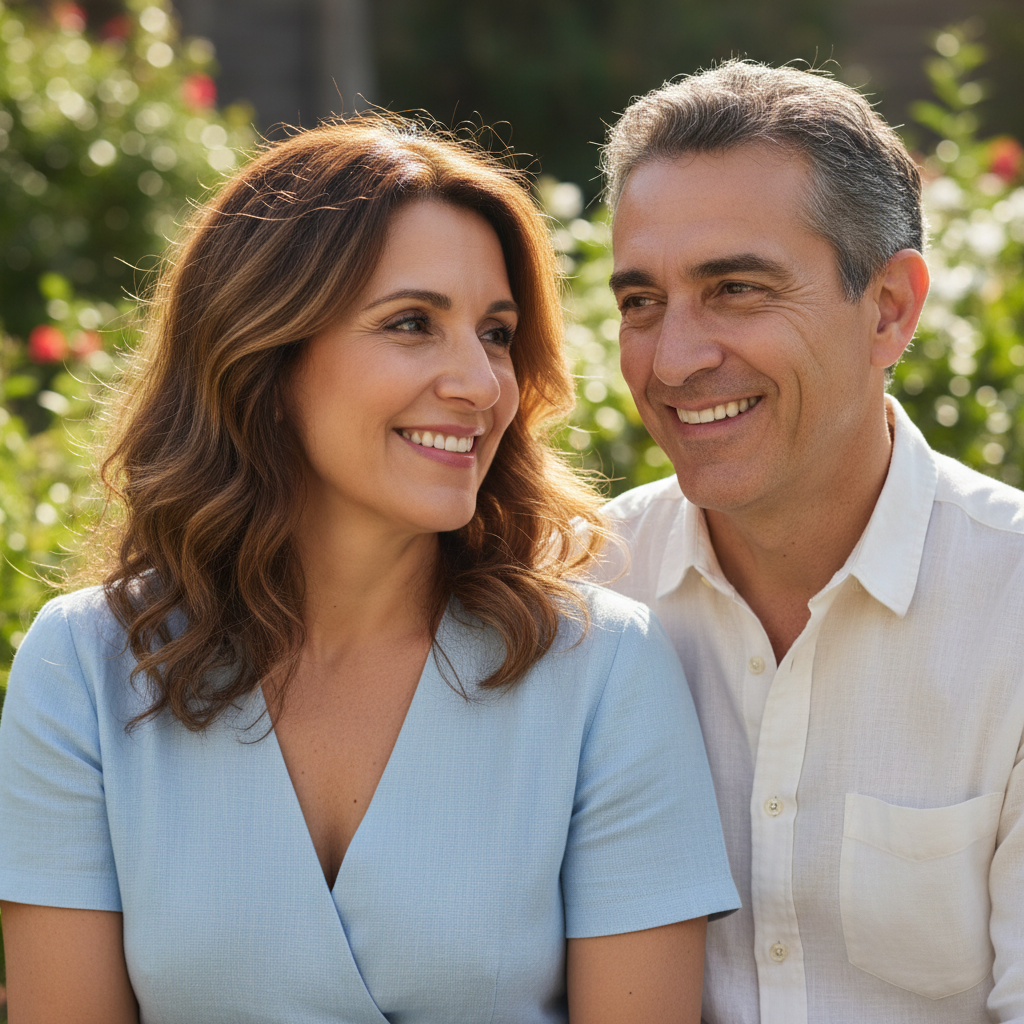 Hispanic couple smiling outdoors, casual attire, bright daylight background