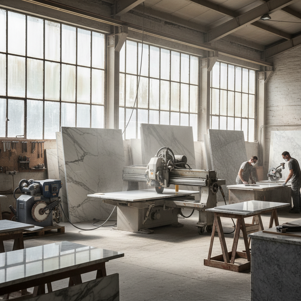 Stone fabrication workshop with craftsmen cutting granite slabs, industrial fabrication facility, professional stone work