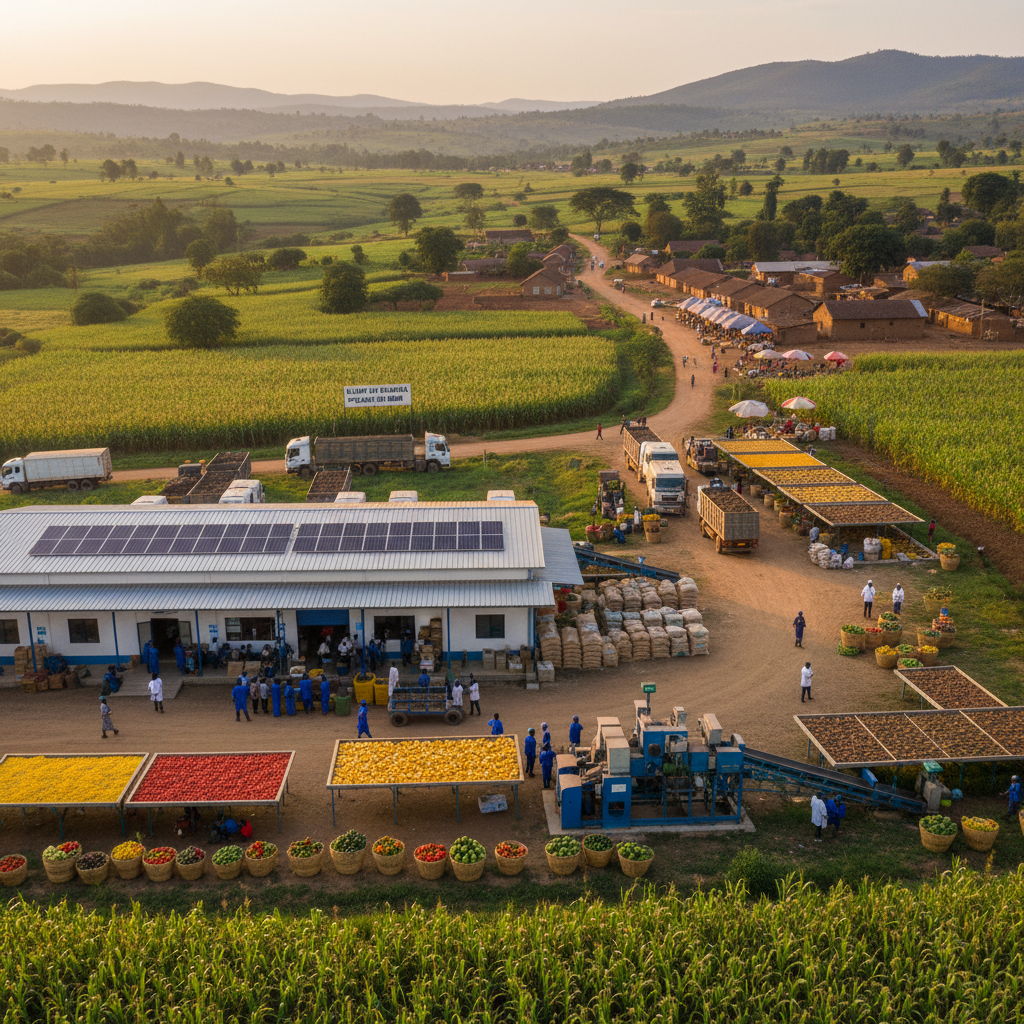 Centrale solaire agro-industrie Mali, panneaux solaires au sol, usine de transformation agricole en arrière-plan