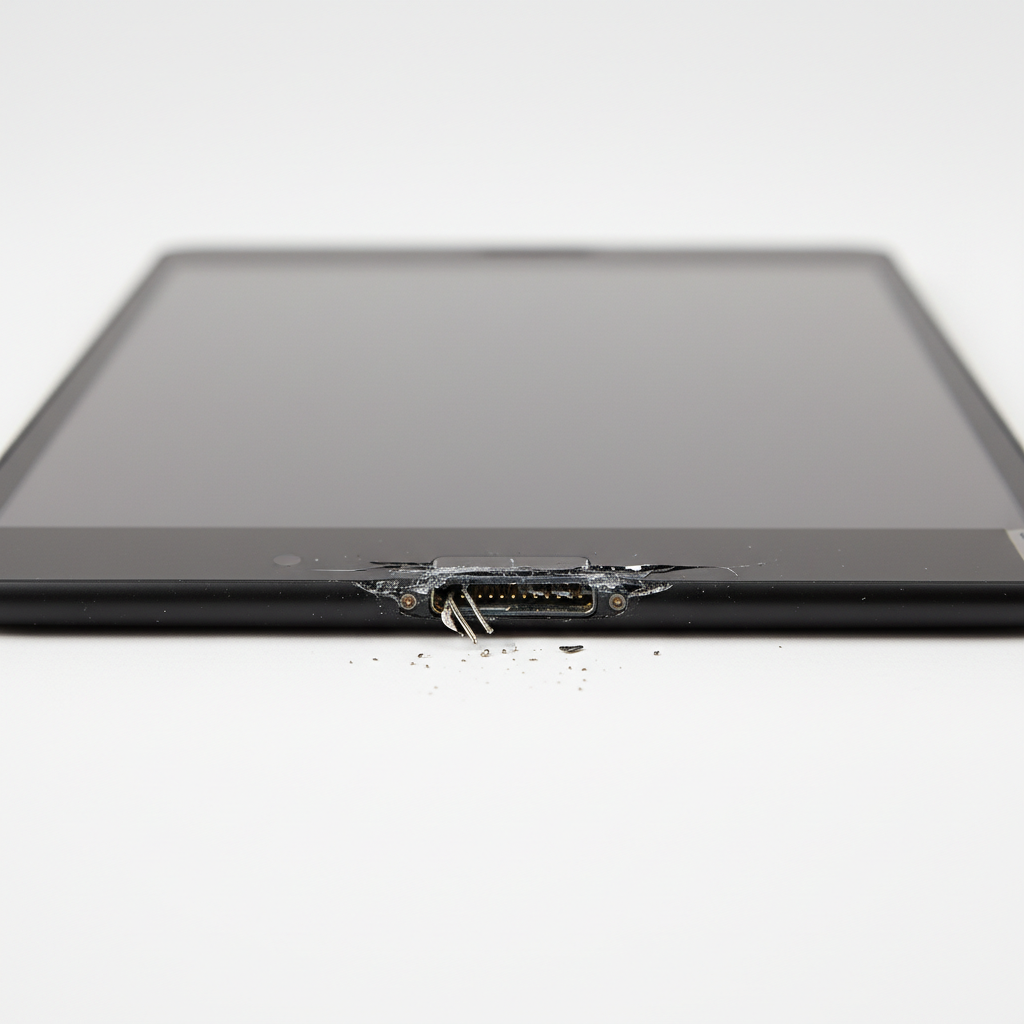 Broken phone charging port close-up, dark background, visible damage