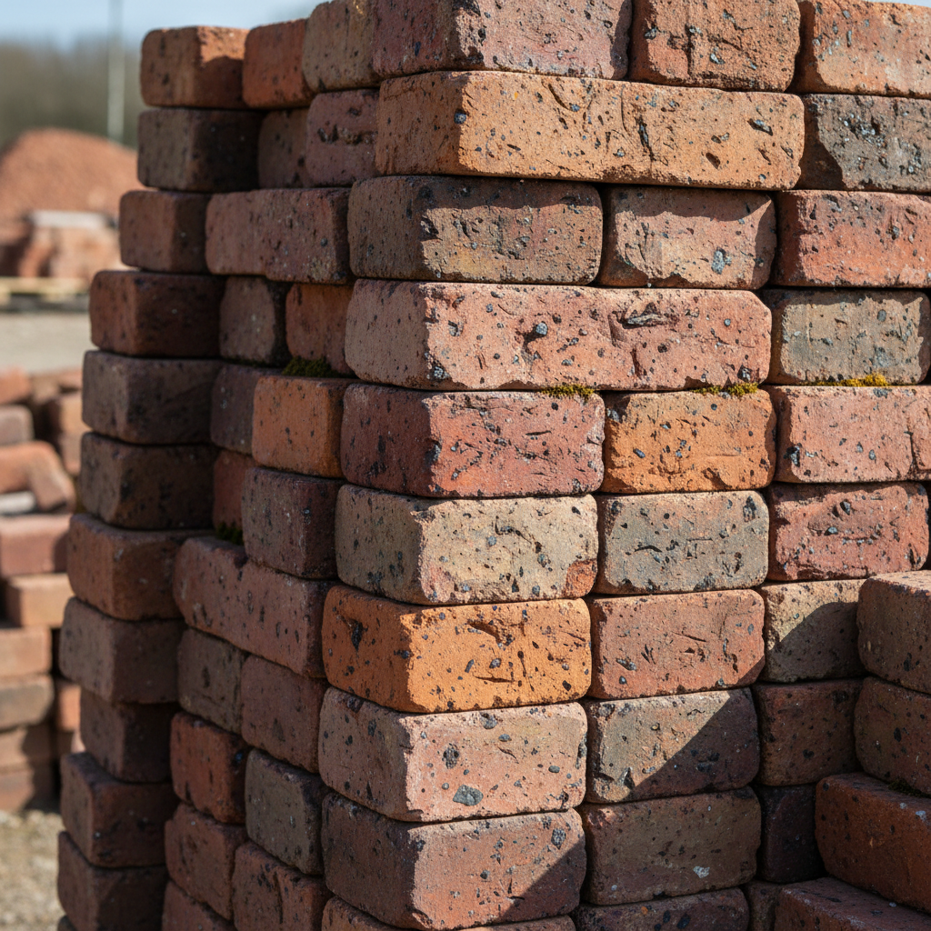 Stack of antique reclaimed red brick with iron flecks showing natural variation in color and texture