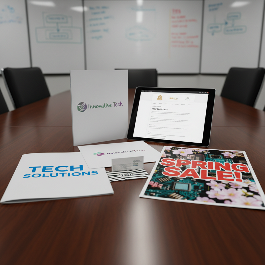 Marketing collateral including business cards and brochures