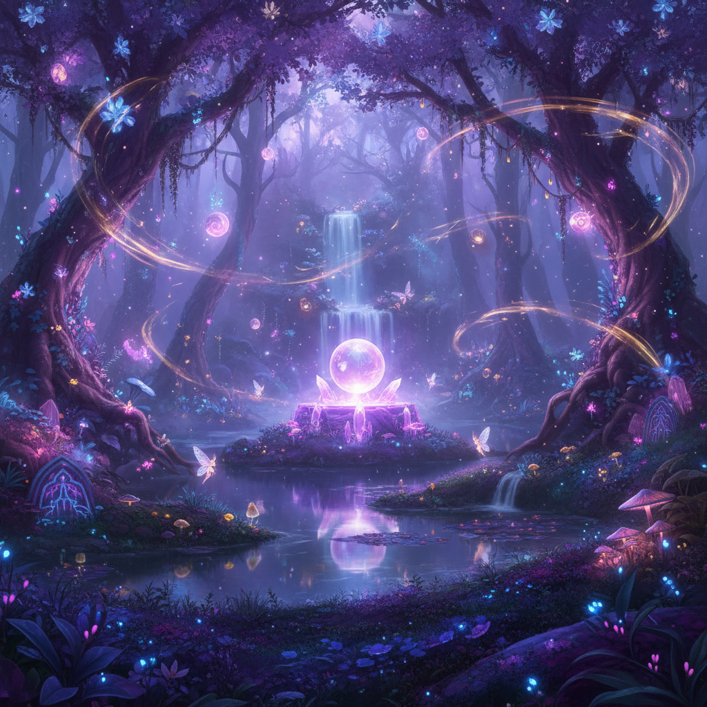 Beautiful fantasy princess in magical glowing kingdom, ethereal purple and gold light, Disney-inspired cinematic scene