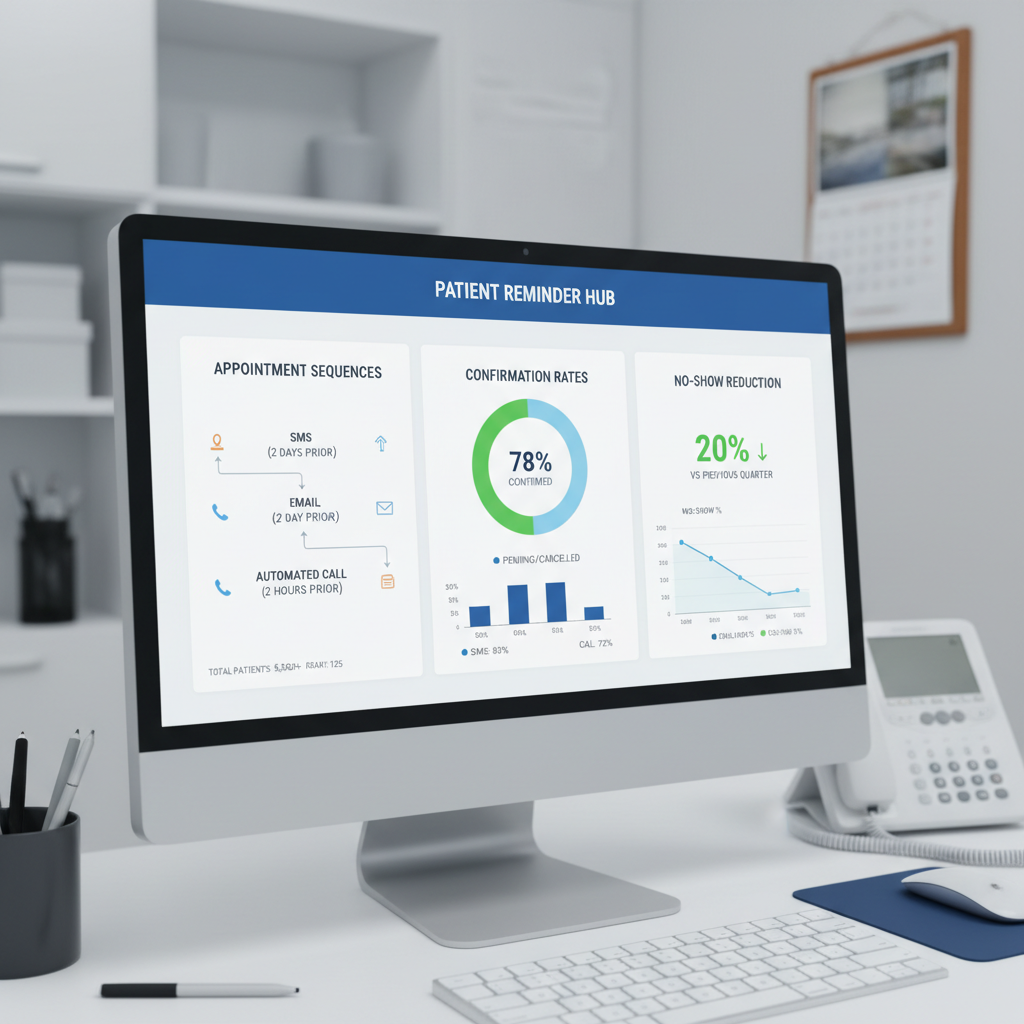 Patient reminder dashboard showing multi-channel appointment reminder sequences with confirmation rates and no-show reduction metrics