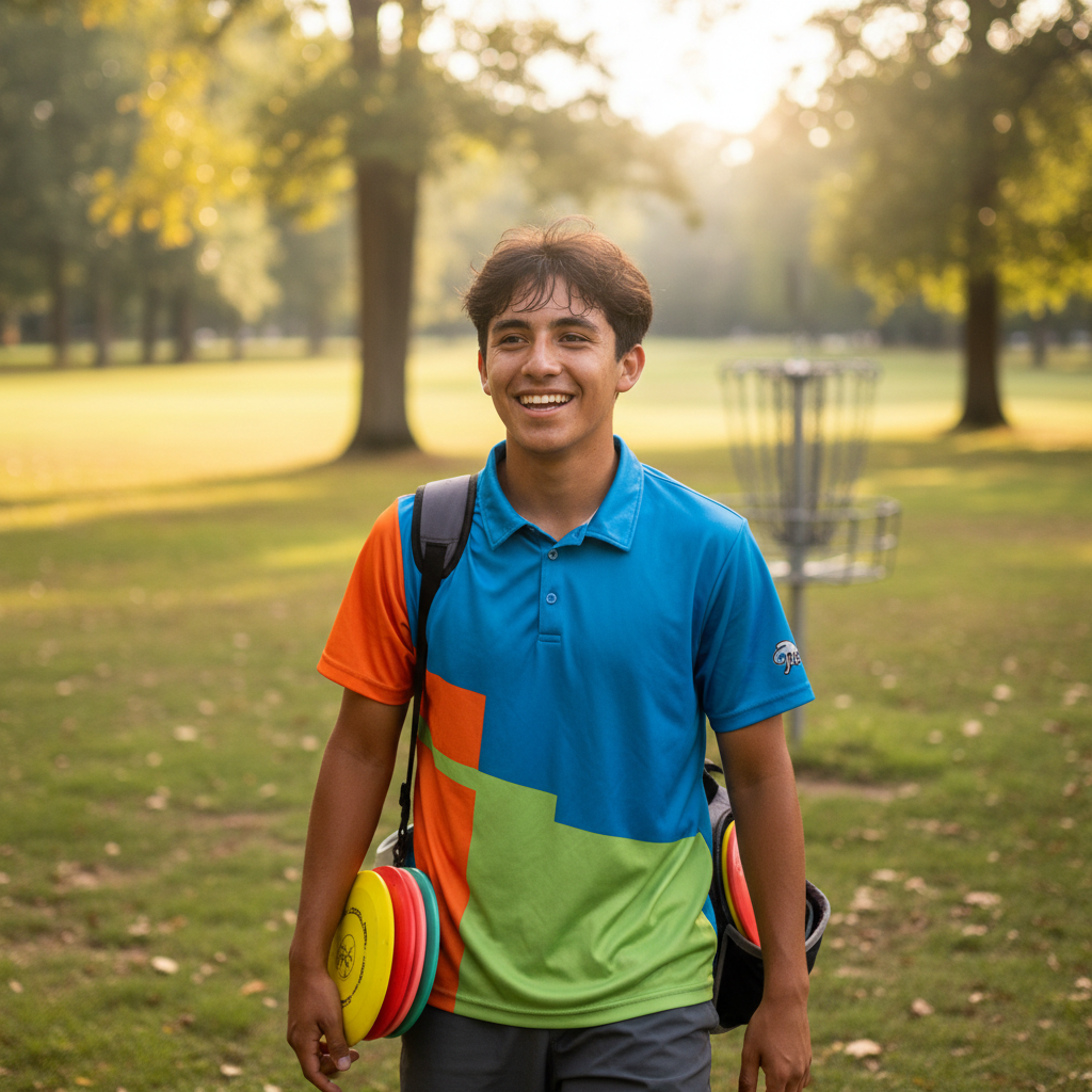Young Hispanic male disc golfer in athletic gear smiling after a competitive round