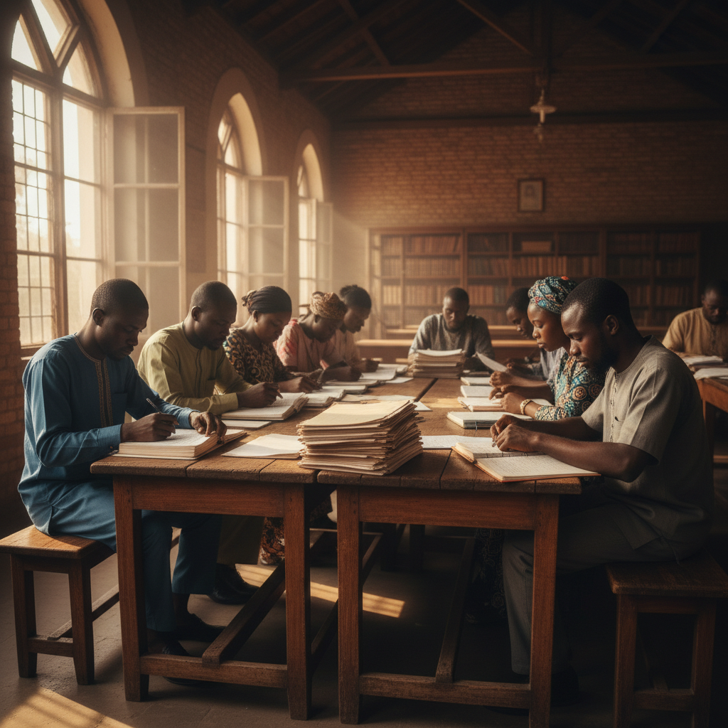Nigerian legal aid workers reviewing documents in a courthouse, warm afternoon light, wooden benches, expressions of determination
