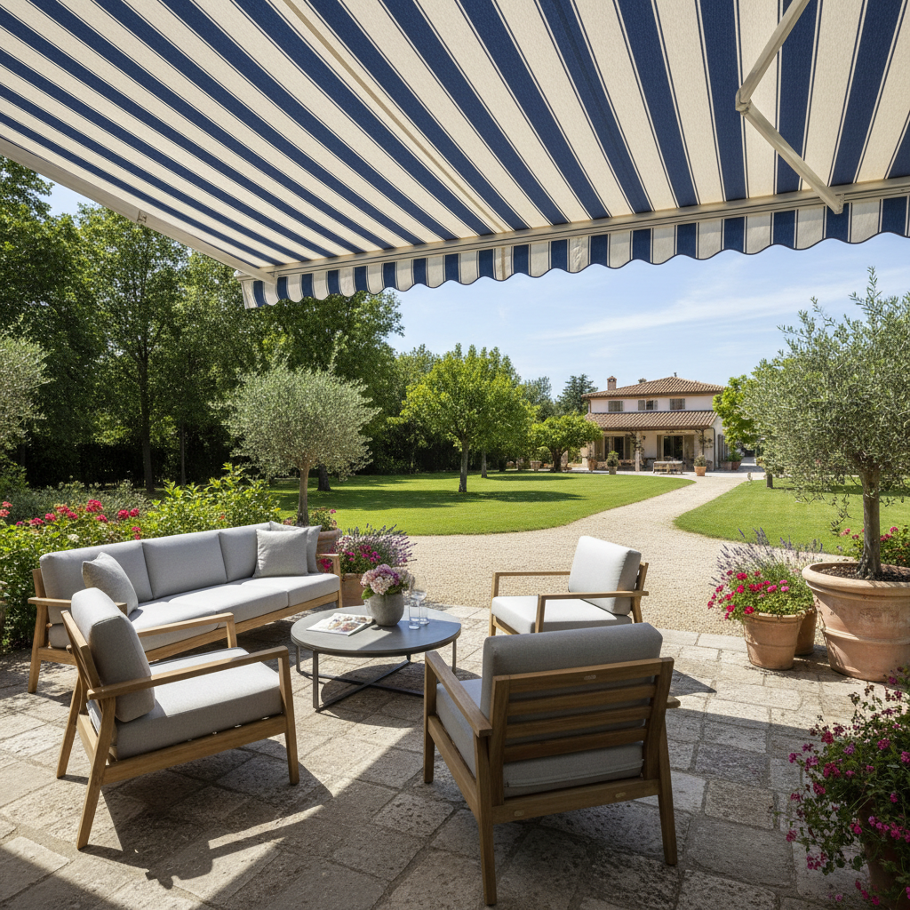 Striped retractable awning extended over a patio with outdoor dining furniture