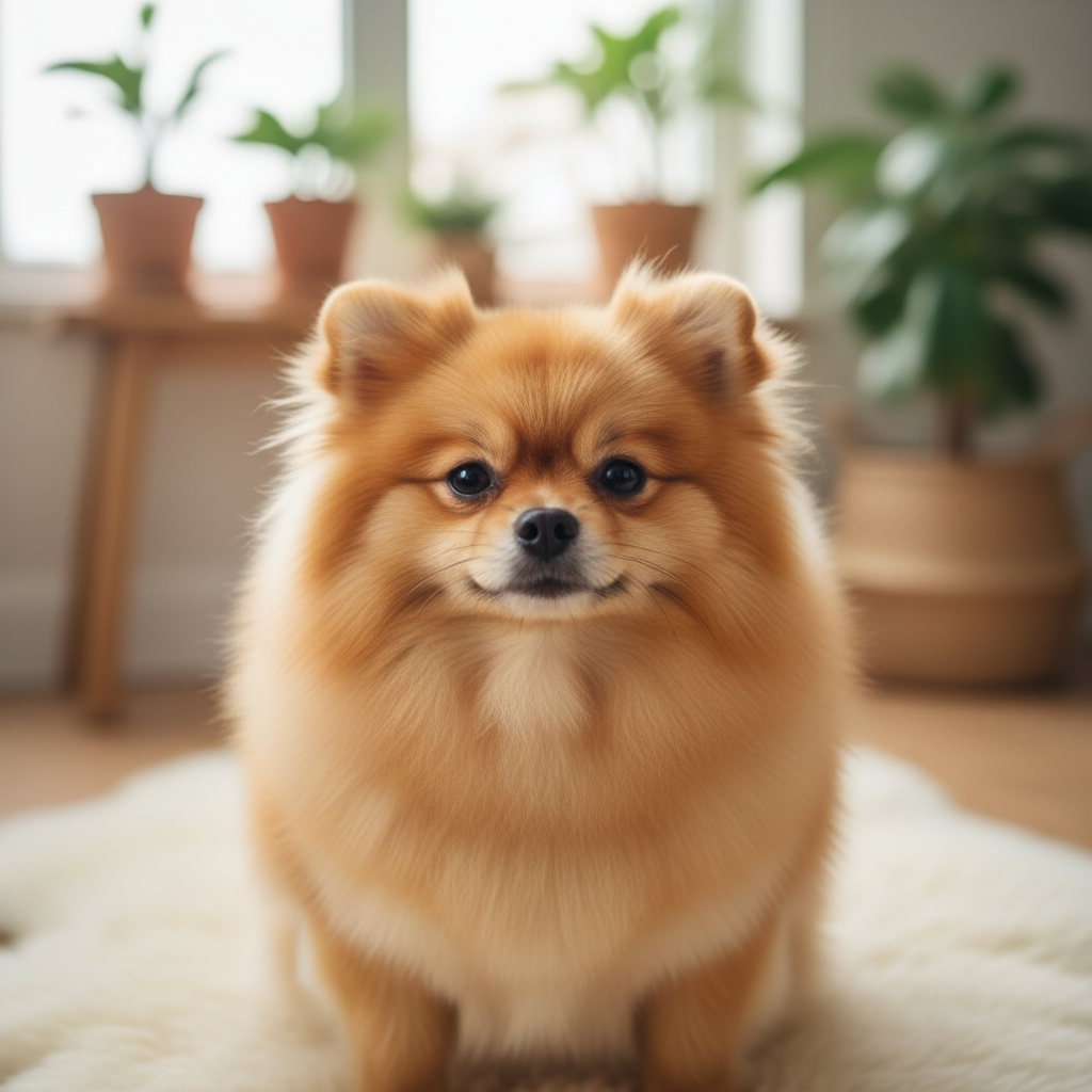 Finished Pomeranian coat showing perfect round teddy bear silhouette after grooming