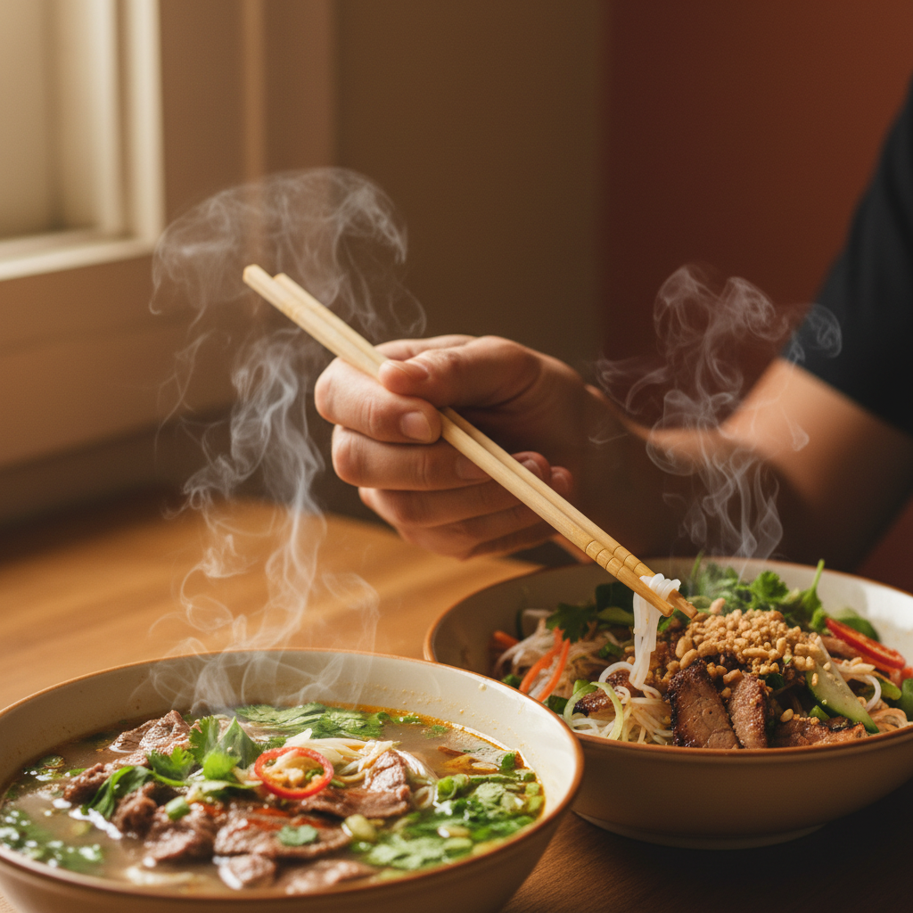 Close-up of hands holding chopsticks over steaming bowls at an intimate Vietnamese supper club