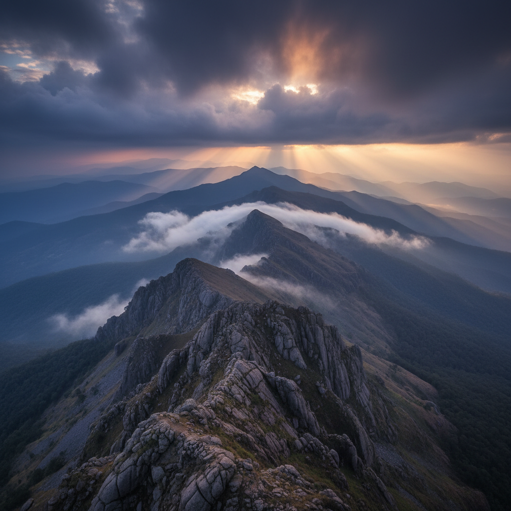 Mullayanagiri peak - misty mountain peaks at dawn with dramatic dark clouds and rocky ridgelines, highest peak in Karnataka