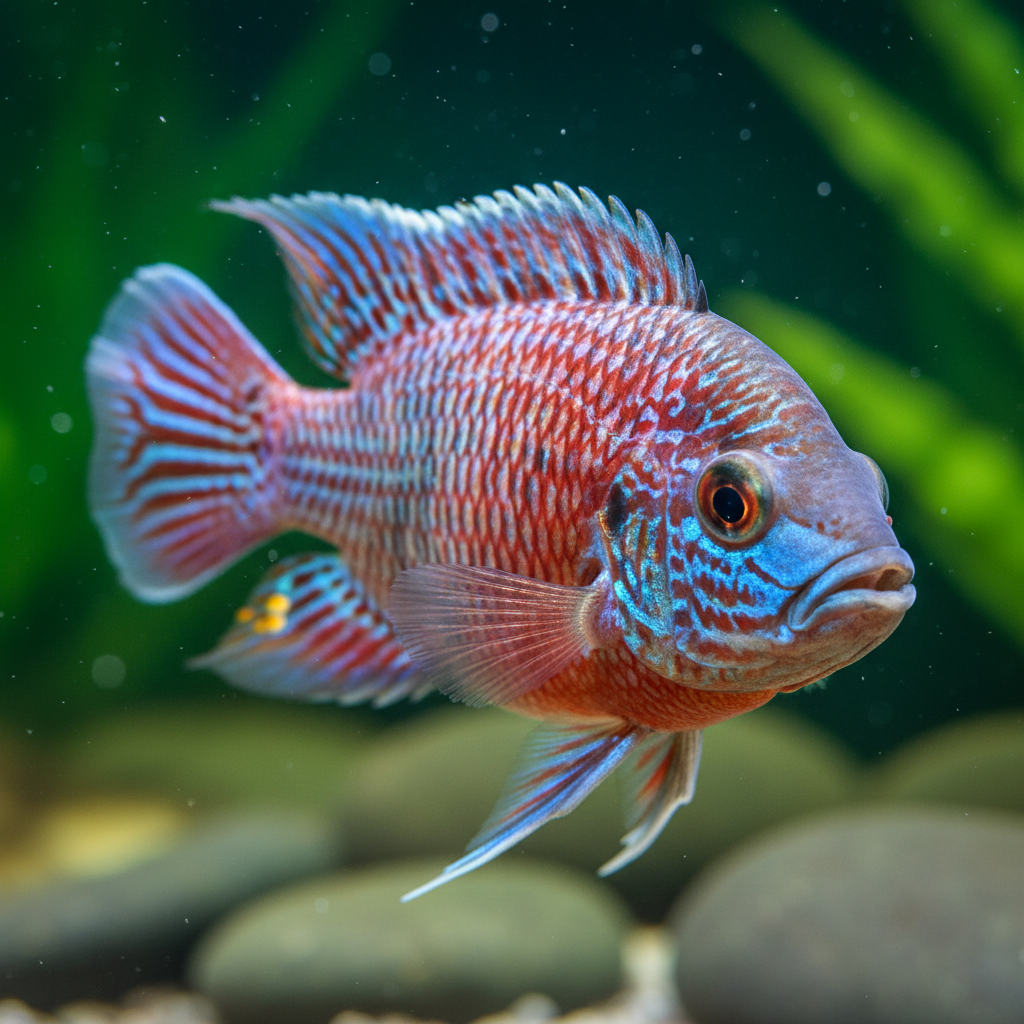 Vibrant red and blue flowerhorn cichlid with prominent nuchal hump swimming in a well-lit aquarium with dark background