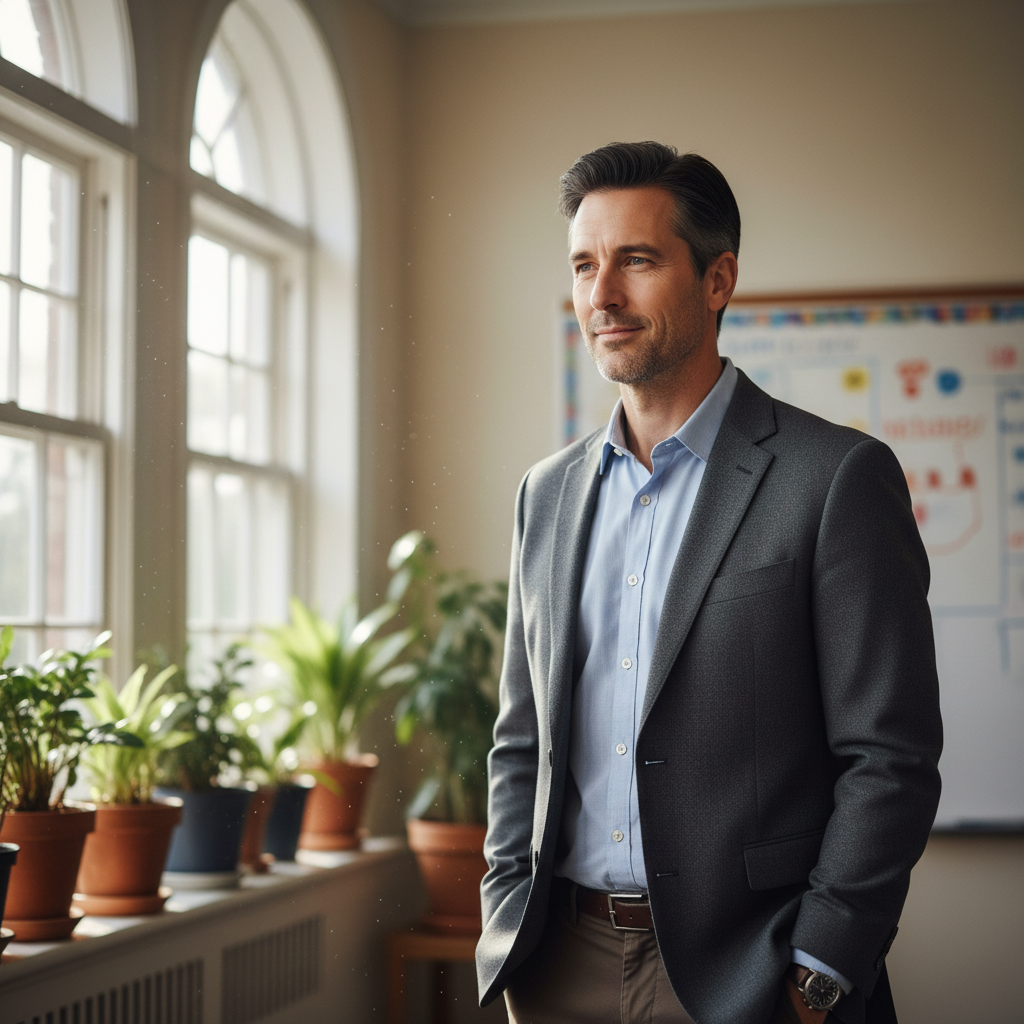 Québécois man educator in his late 30s, friendly professional expression, bright office background