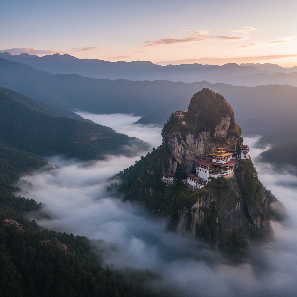 Aerial view of Paro Valley at dawn with mist pooling between ridges and Tiger's Nest monastery on the cliff face