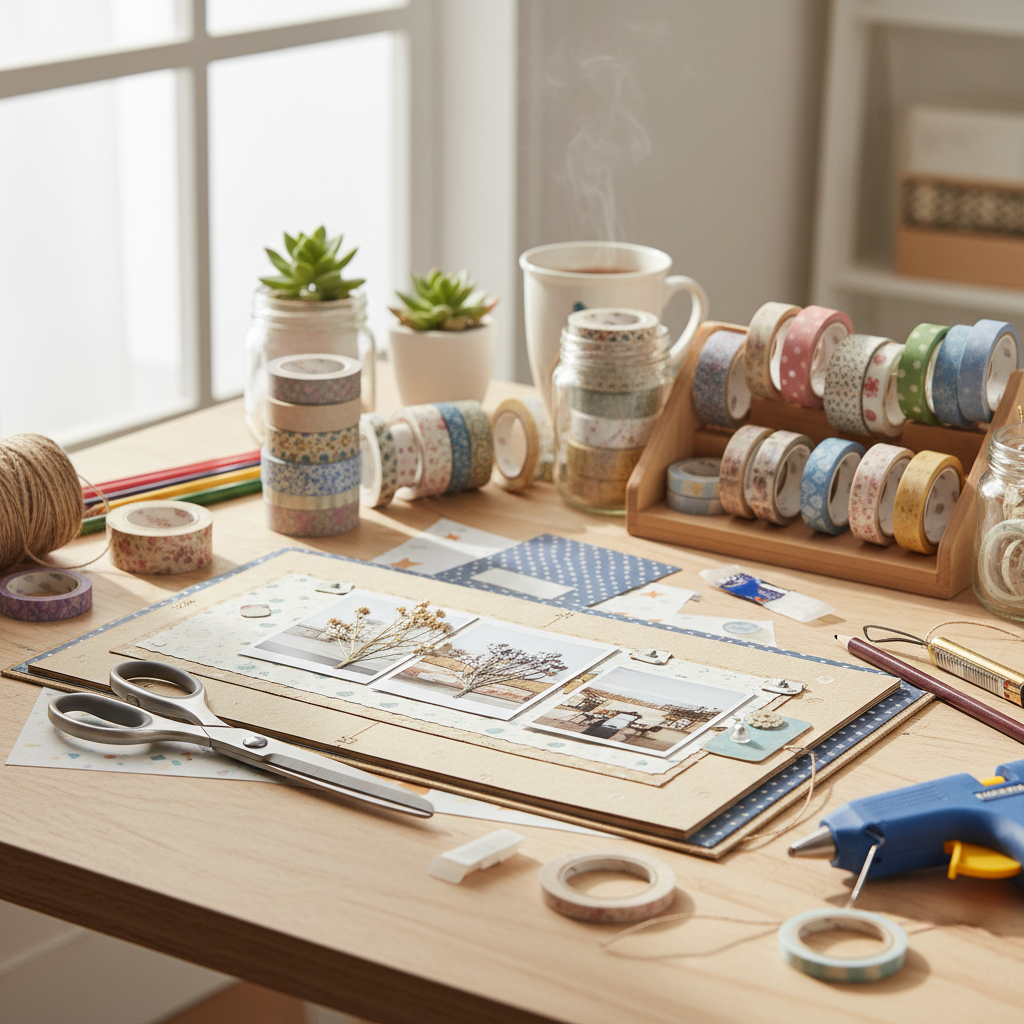 Craft desk with scissors, washi tape collection, and partially completed scrapbook spread