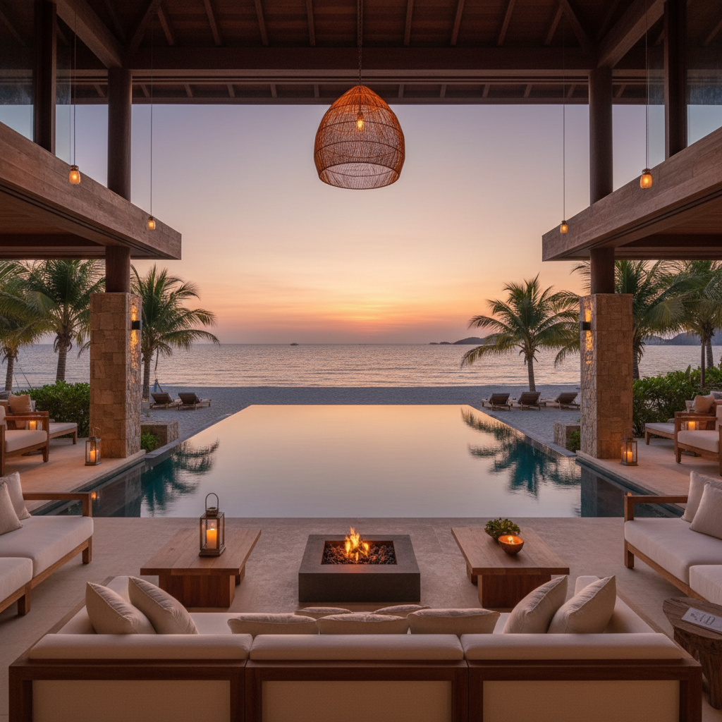 Beachfront villa with private pool and direct access to white sand beach at sunset