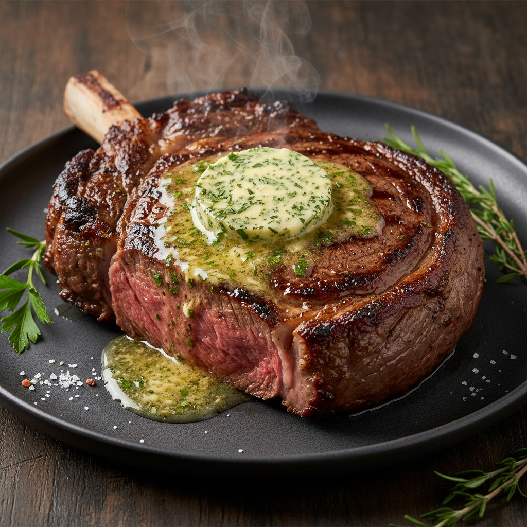 Sizzling ribeye steak with herb butter melting on top, served with roasted vegetables