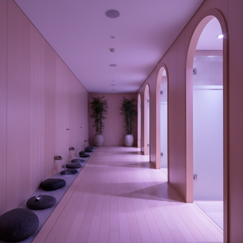 Serene spa hallway with soft purple lighting and wooden accents
