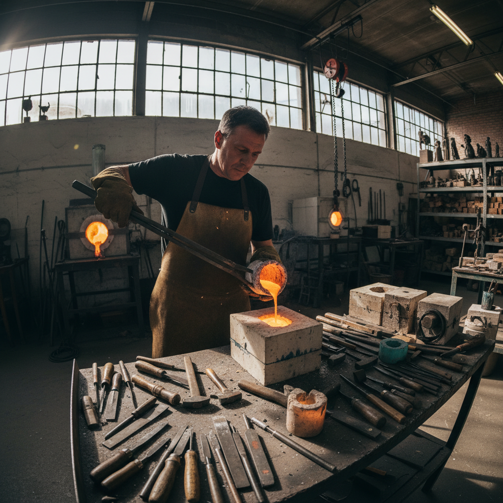 Artist working with bronze casting tools