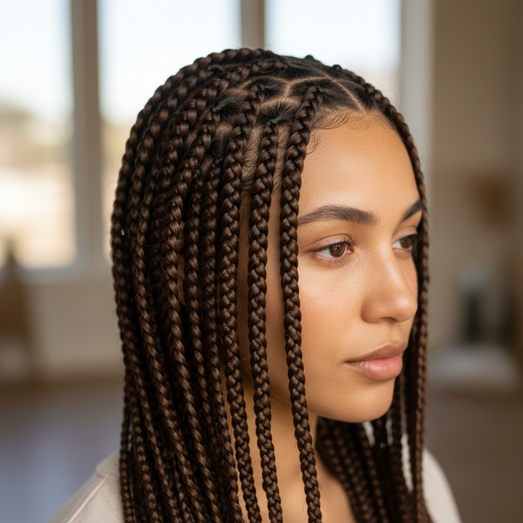 Beautiful knotless braids hairstyle — protective Afro hair style with neat parting